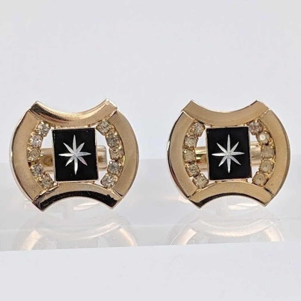 Vtg Atomic Starburst Cufflinks MCM Gold Tone Black Enamel Rhinestone Pat 2974381